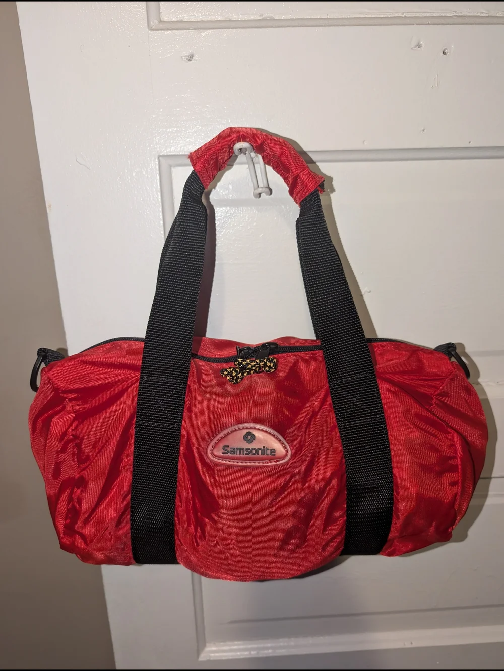 Vintage 90s Y2K Era Samsonite Small  Red Duffel with Black Webbing Straps